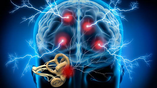 Illustration showing an ear with sound waves entering and brain neurons connected, symbolizing the link between hearing loss and Alzheimer's.
