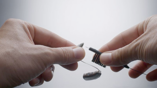 various hearing aid accessories including ear tips, wax guards, and cleaning brushes