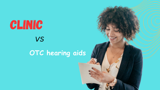 Comparison image showing a traditional hearing aid clinic and over-the-counter hearing aids in a retail store, highlighting the convenience of OTC solutions.