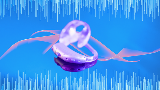 Illustration of a digital hearing aid with sound waves around it, symbolizing clarity and enhanced sound quality.