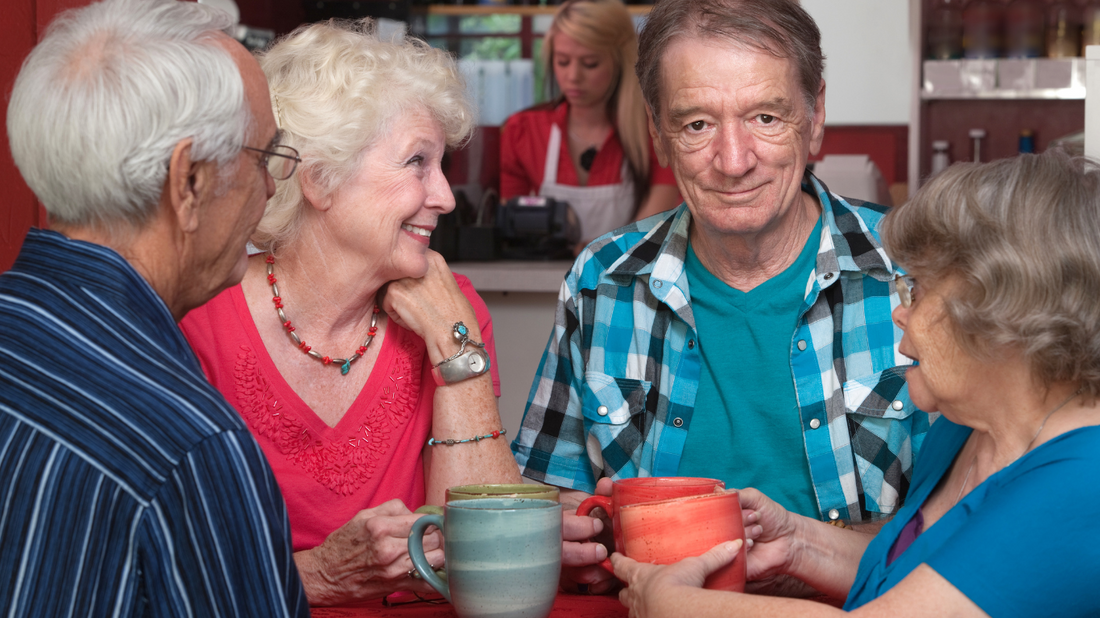 Family gathering with older adults engaged in conversation.