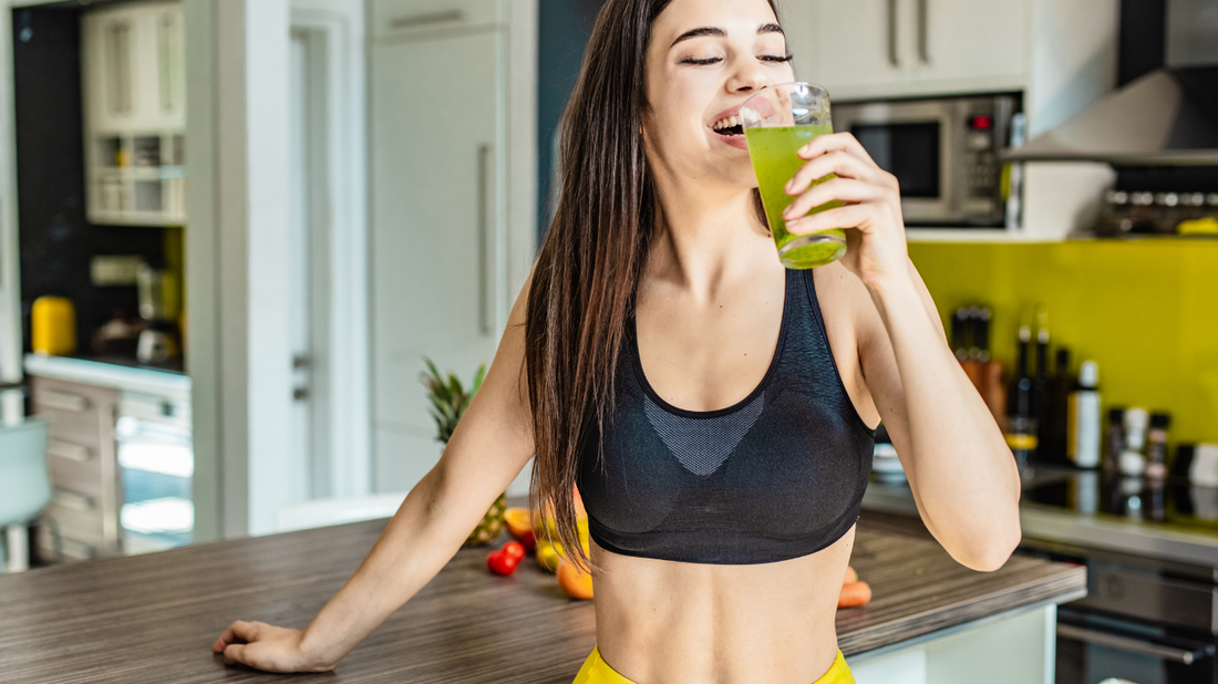 A person preparing healthy food while engaging in physical activity