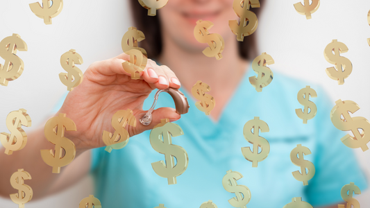 Illustration of a person holding a hearing aid with dollar signs representing the cost.