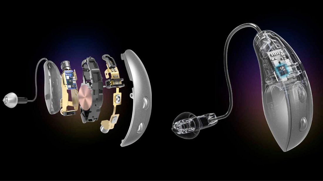 Illustration of a futuristic hearing aid with advanced technology features.