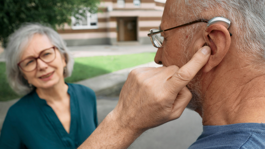 An image of a person wearing a discreet hearing aid, engaged in conversation with friends.