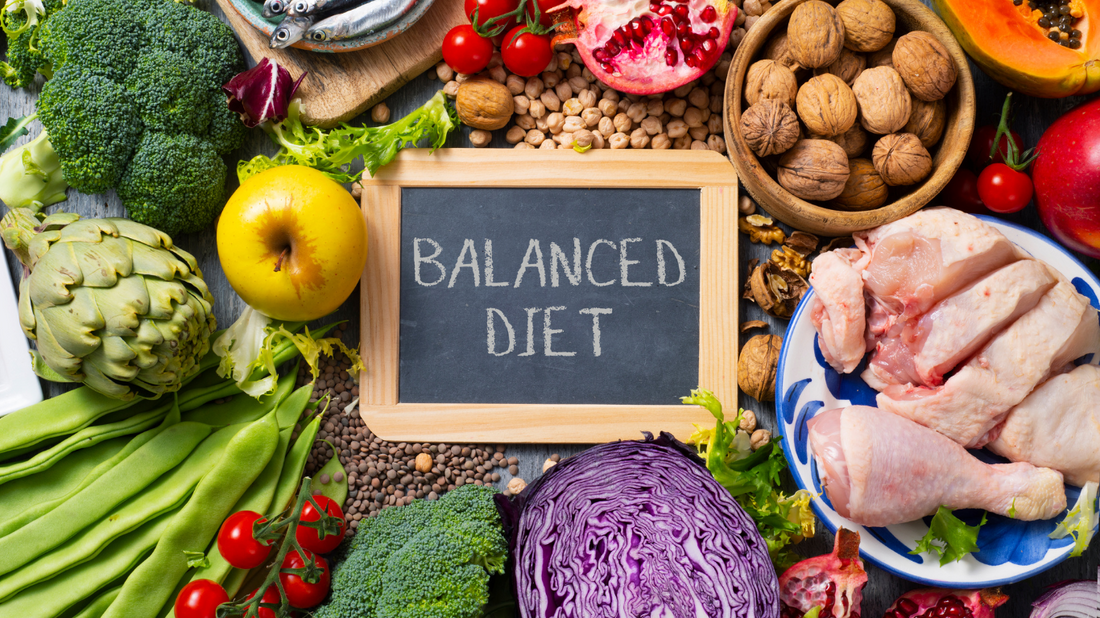 Various fruits, vegetables, and fish, symbolizing a balanced diet for hearing health.