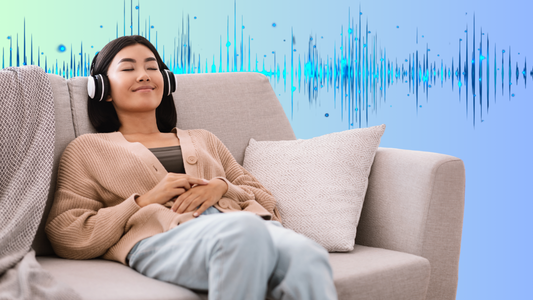 Illustration of a person relaxing with headphones, surrounded by calming sound waves.