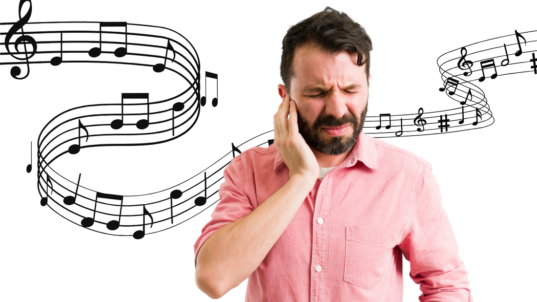 Illustration of a person holding their ears with a distressed expression, surrounded by swirling musical notes representing tinnitus.